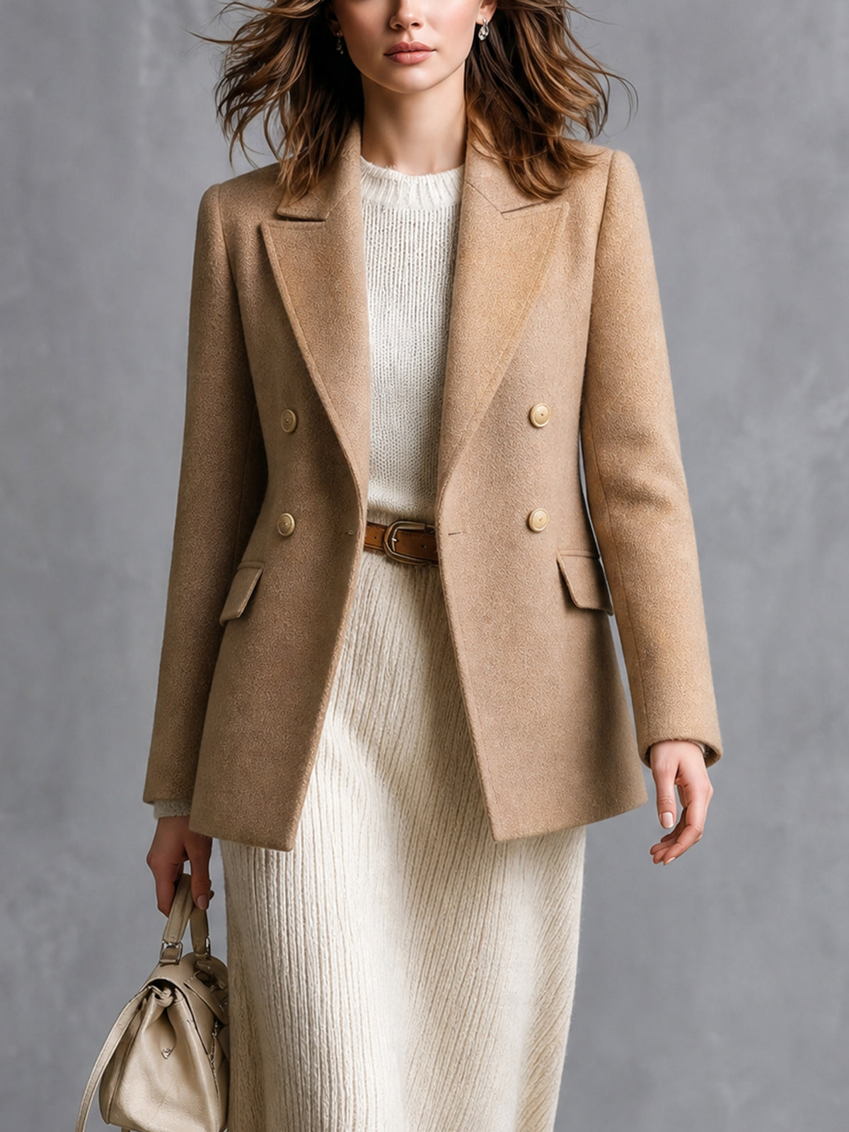 ElevenOra Chic Elegant Camel Woolen Blend Peak Lapel Double-Breasted Long-Sleeve Slim-Fit Warm Blazer