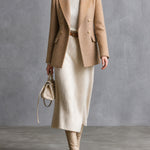 ElevenOra Chic Elegant Camel Woolen Blend Peak Lapel Double-Breasted Long-Sleeve Slim-Fit Warm Blazer