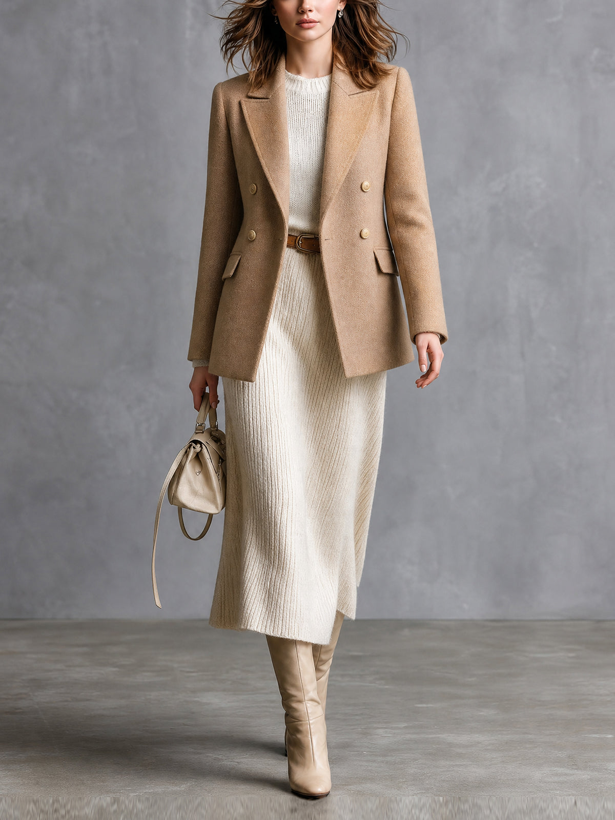 ElevenOra Chic Elegant Camel Woolen Blend Peak Lapel Double-Breasted Long-Sleeve Slim-Fit Warm Blazer