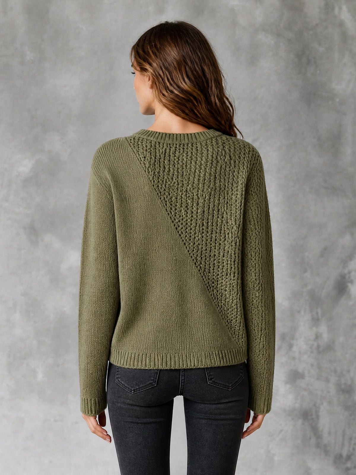 ElevenOra Chic Casual Army Green Round-Neck Long-Sleeve Patchwork Cutout Detail Loose-Fit Wool Blend Knit Sweater