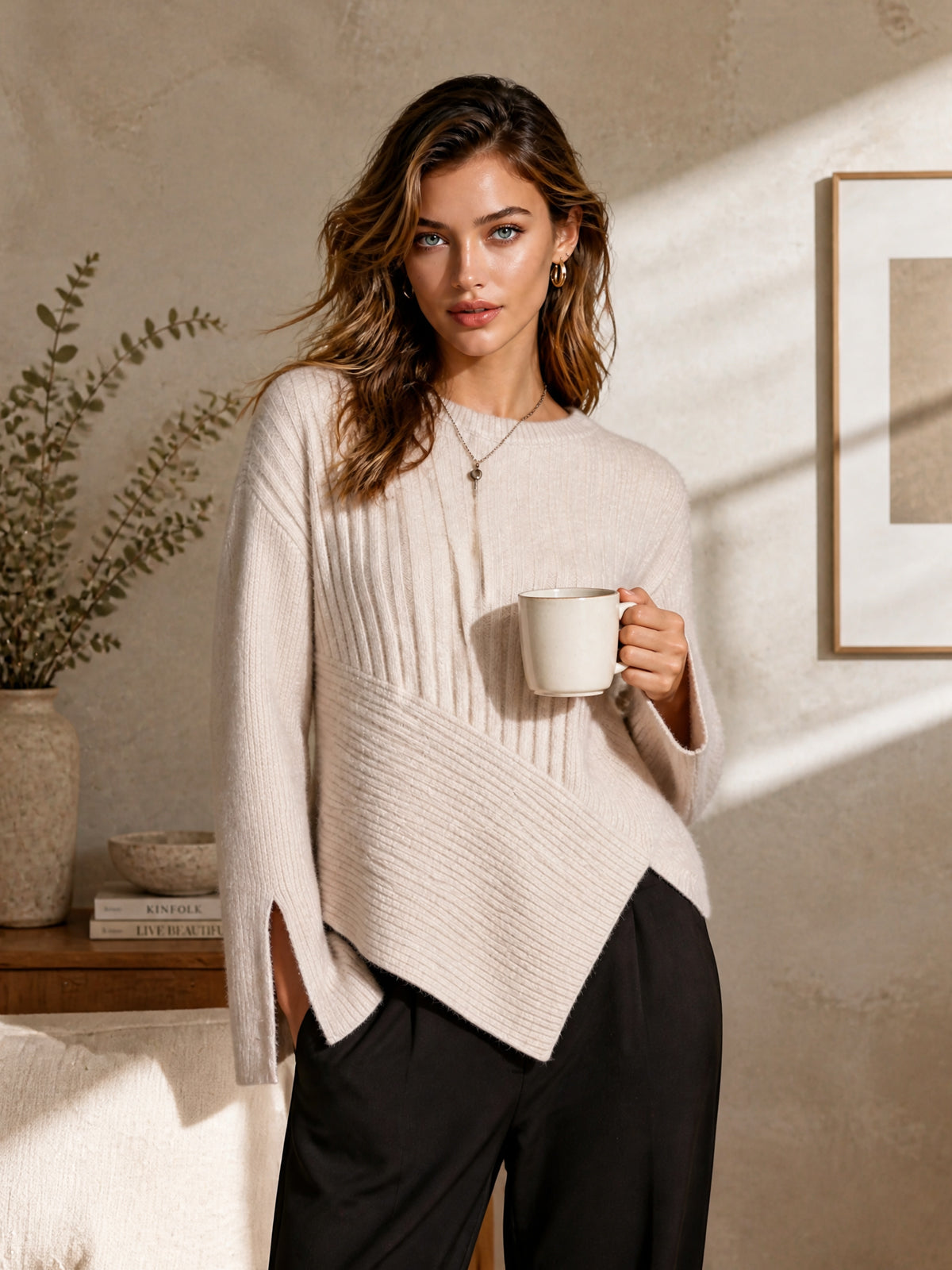 ElevenOra Chic Elegant Oatmeal Round-Neck Long-Sleeve Patchwork Detail Pointed Hem Wool Blend Ribbed Knit Sweater