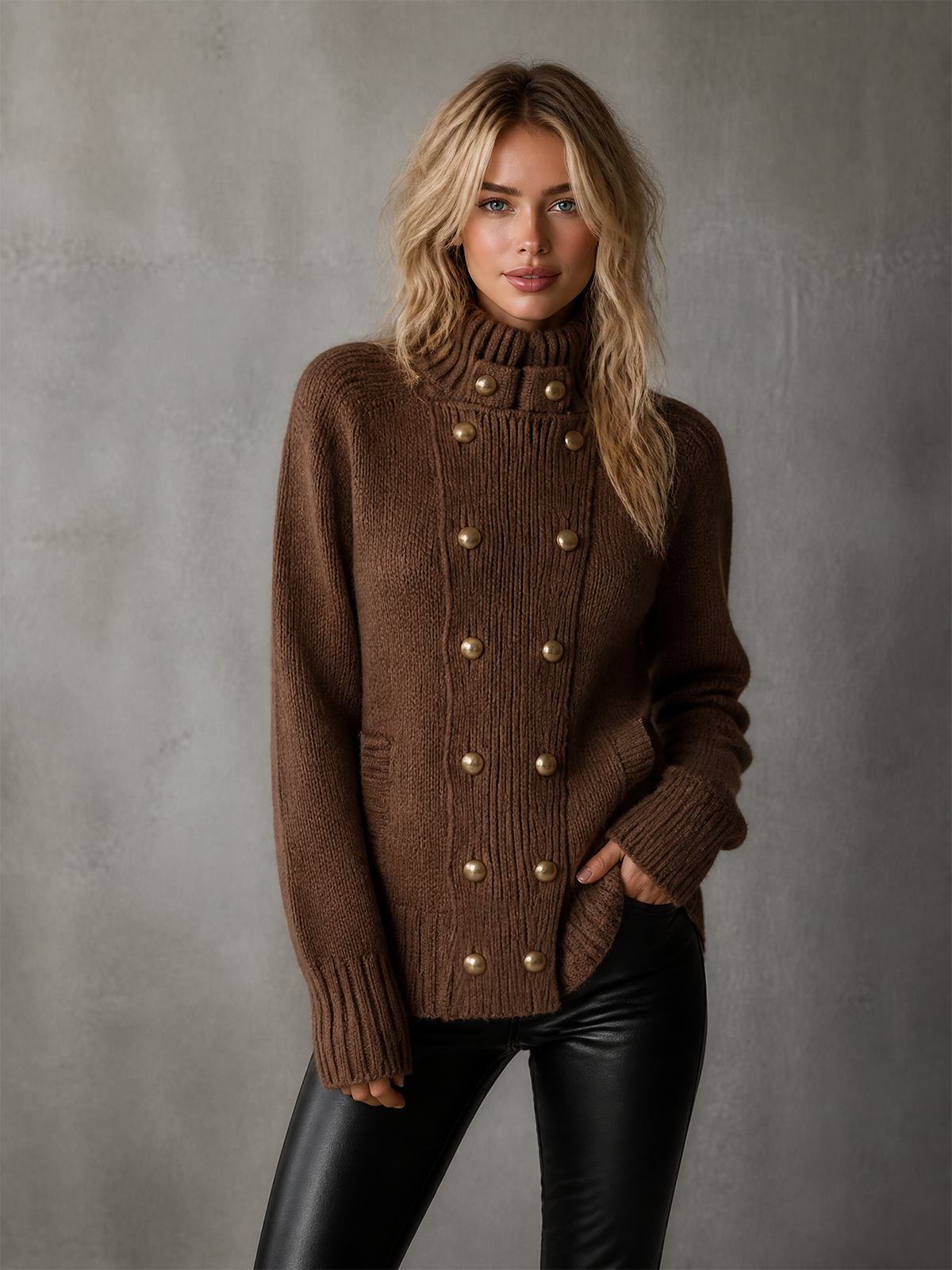 ElevenOra Chic Casual Brown Stand Collar Double Breasted Long-Sleeve Gold Button Loose-Fit Chunky Knit Cardigan