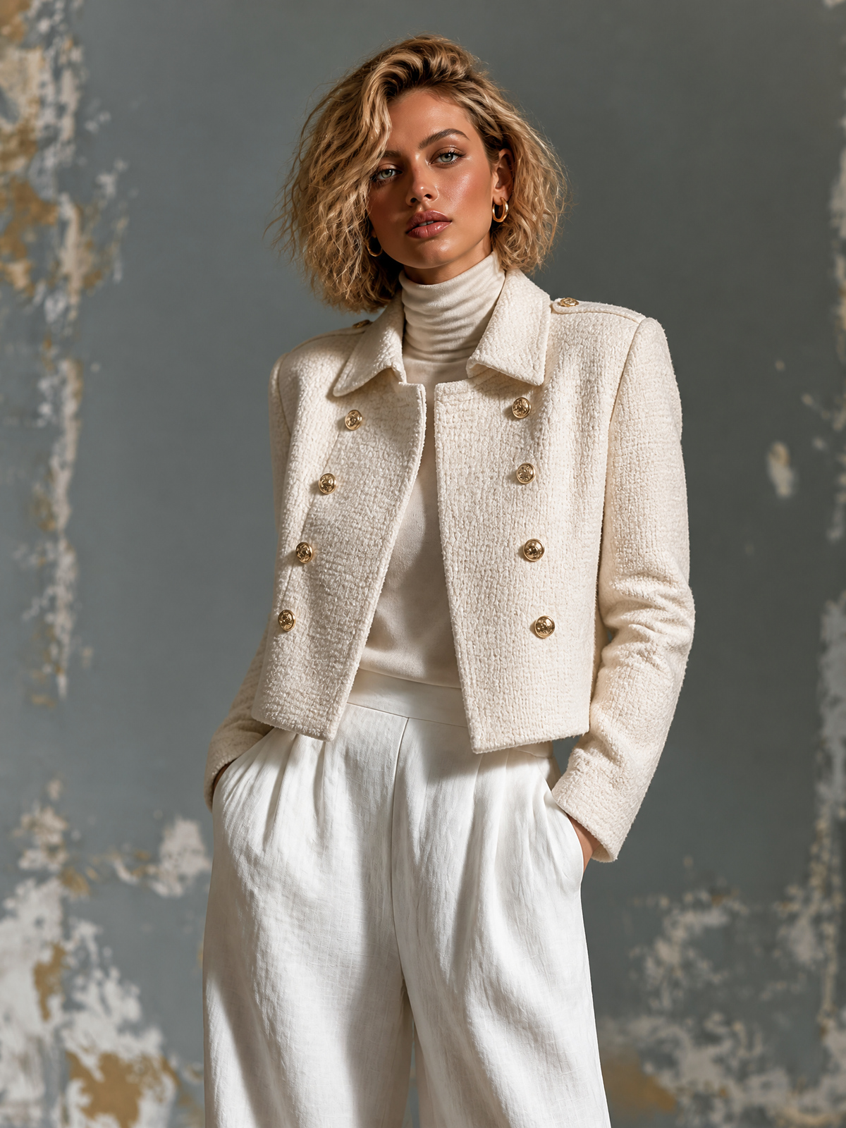 ElevenOra Chic Elegant Cream White Lapel Collar Gold Button Long-Sleeve Loose-Fit Tweed Fabric Coat Jacket