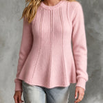 ElevenOra Chic Elegant Pink Round-Neck Long-Sleeve Hollow-Out Patchwork Detail A-Line Mohair Blend Knit Sweater