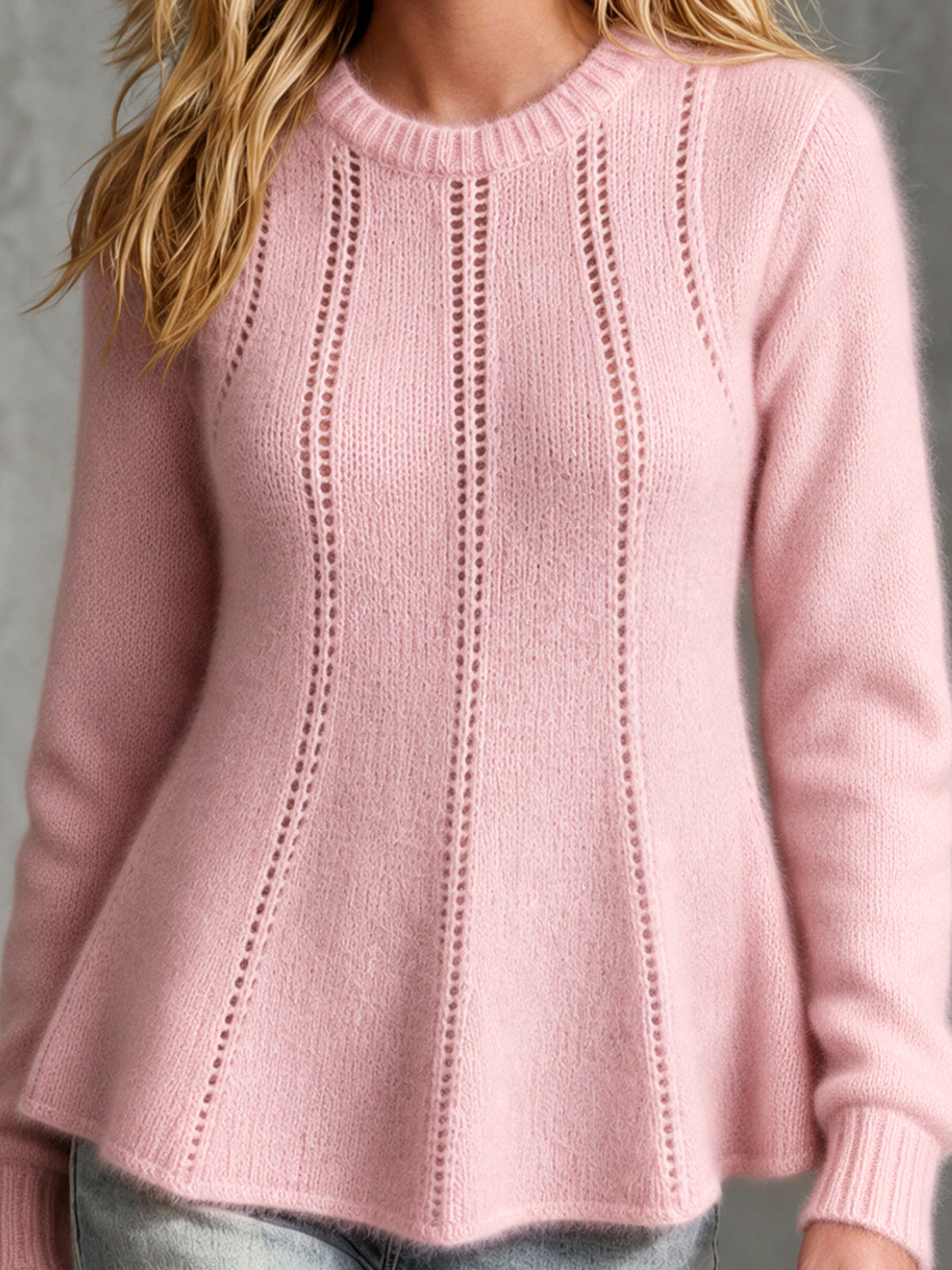 ElevenOra Chic Elegant Pink Round-Neck Long-Sleeve Hollow-Out Patchwork Detail A-Line Mohair Blend Knit Sweater