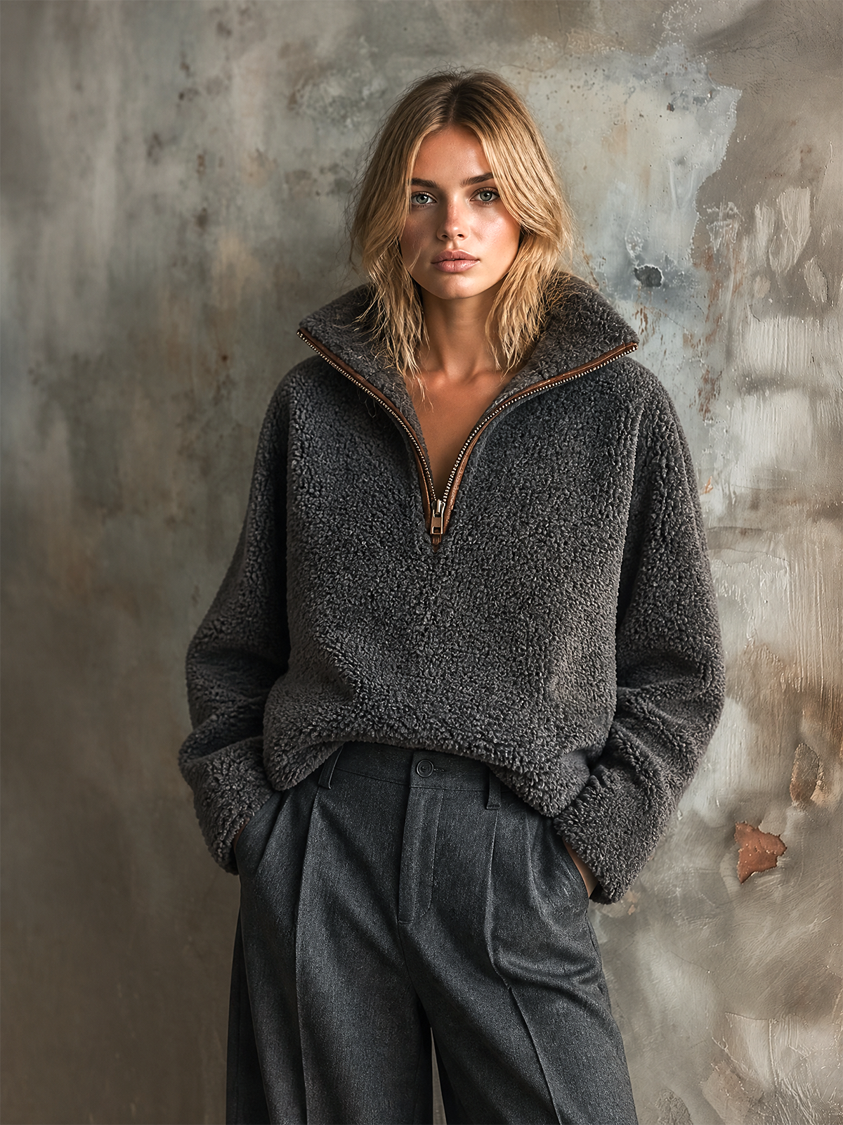 ElevenOra Chic Casual Dark Gray Stand Collar Half Zip Long Sleeve Contrast Trim Loose-Fit Sherpa Fleece Sweatshirt