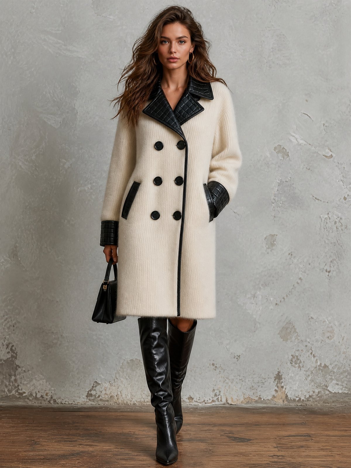 ElevenOra Chic Elegant Off-White Notched Lapel Double Breasted Faux Leather Contrast Long Sleeve Loose-Fit Ribbed Knit Midi Coat