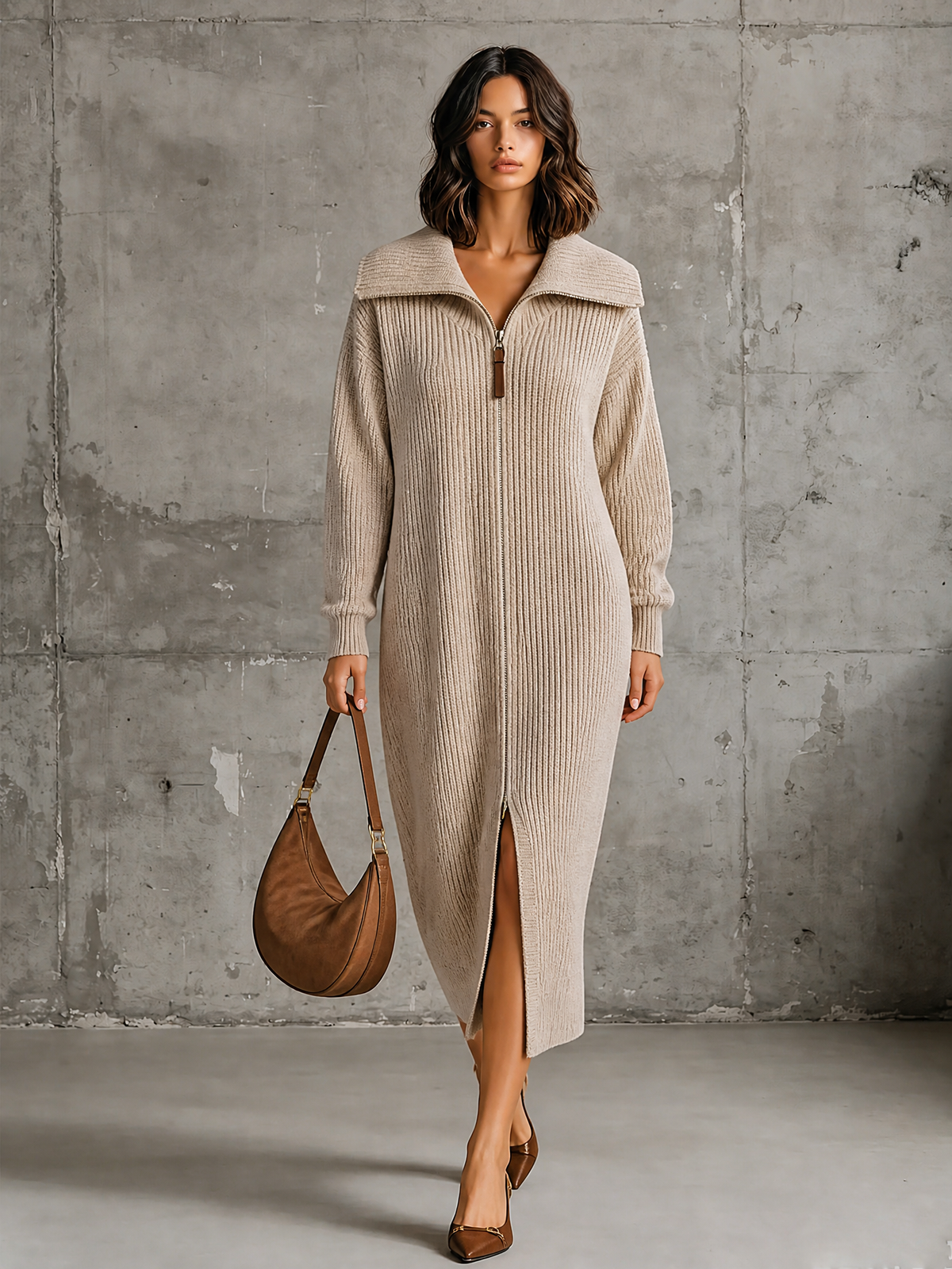 ElevenOra Chic Elegant Oat Beige Wide Shawl Collar Full Zip Long Sleeve Loose-Fit Ribbed Knit Midi Dress