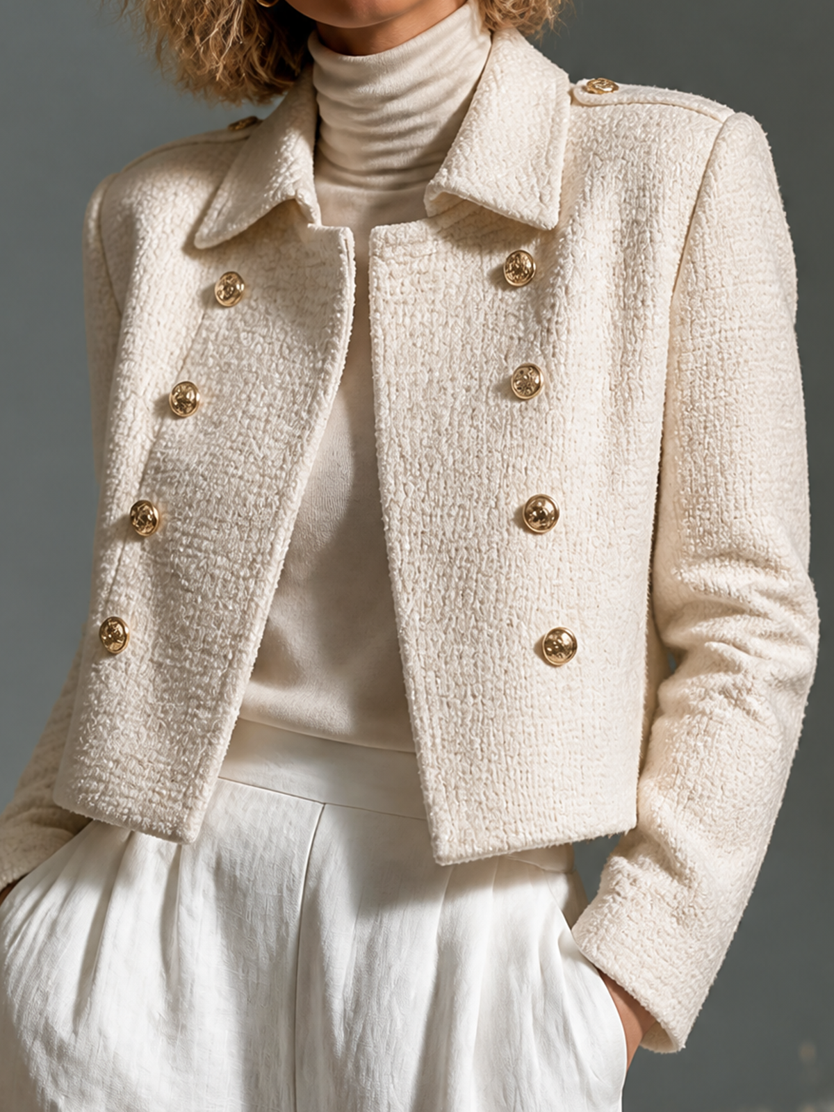 ElevenOra Chic Elegant Cream White Lapel Collar Gold Button Long-Sleeve Loose-Fit Tweed Fabric Coat Jacket