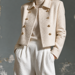ElevenOra Chic Elegant Cream White Lapel Collar Gold Button Long-Sleeve Loose-Fit Tweed Fabric Coat Jacket