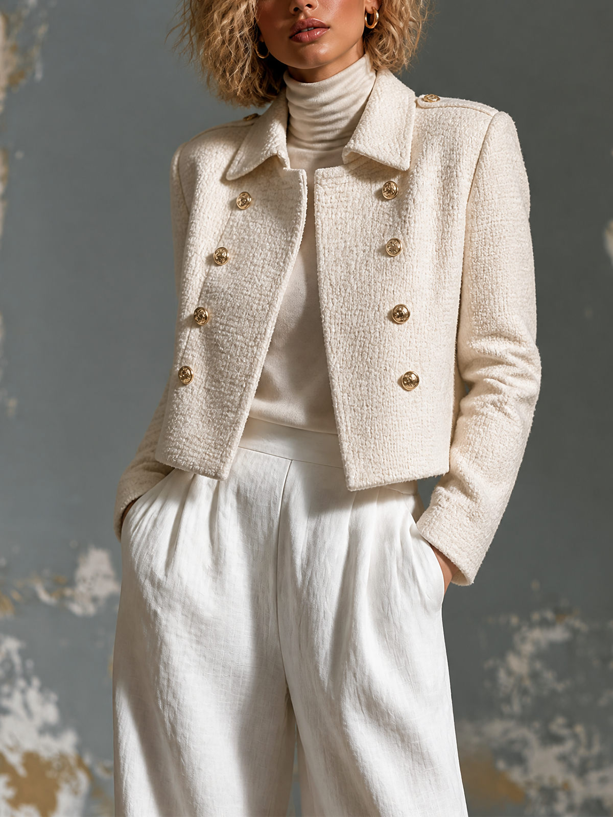ElevenOra Chic Elegant Cream White Lapel Collar Gold Button Long-Sleeve Loose-Fit Tweed Fabric Coat Jacket