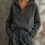 ElevenOra Chic Casual Dark Gray Stand Collar Half Zip Long Sleeve Contrast Trim Loose-Fit Sherpa Fleece Sweatshirt