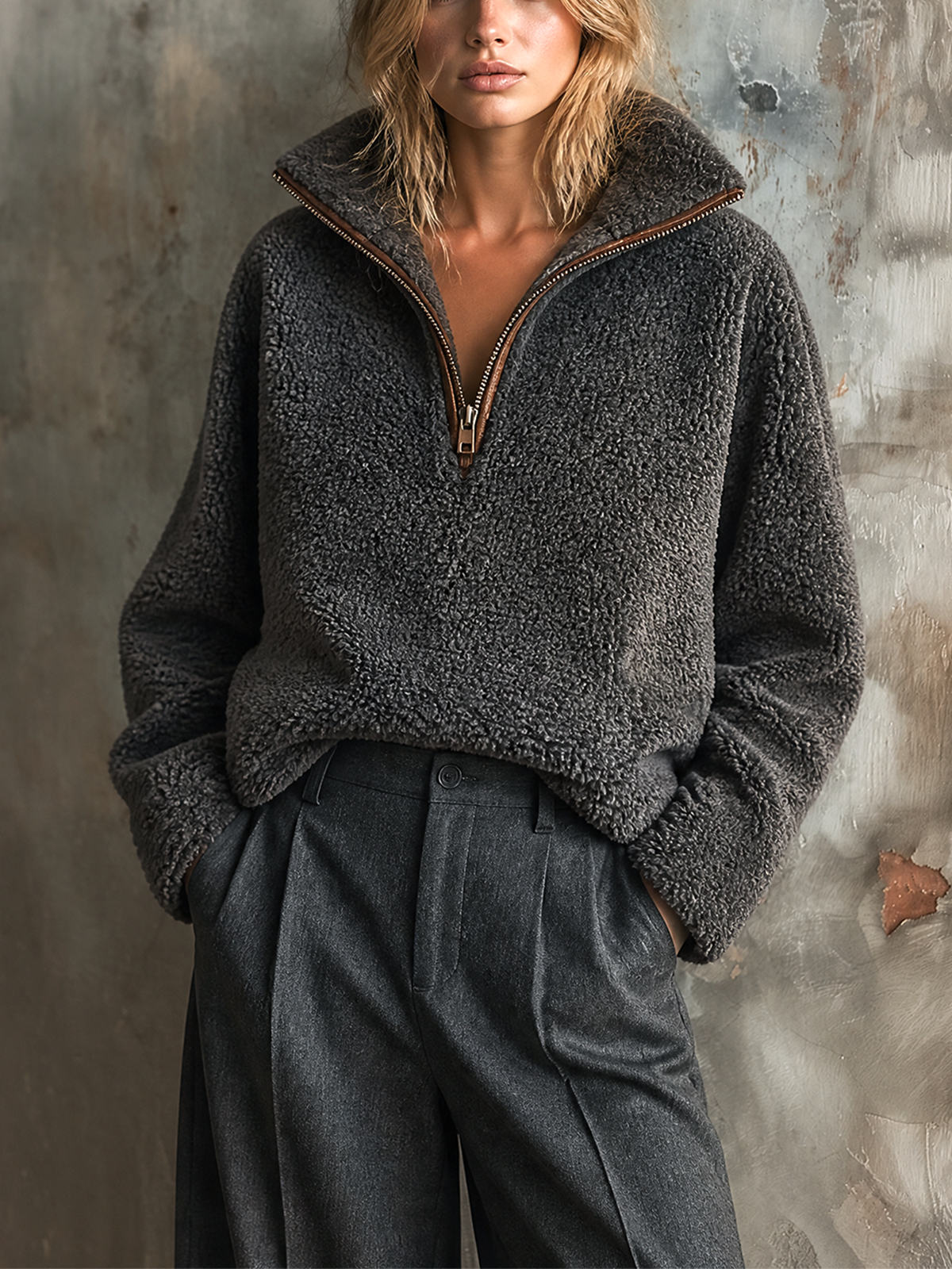 ElevenOra Chic Casual Dark Gray Stand Collar Half Zip Long Sleeve Contrast Trim Loose-Fit Sherpa Fleece Sweatshirt