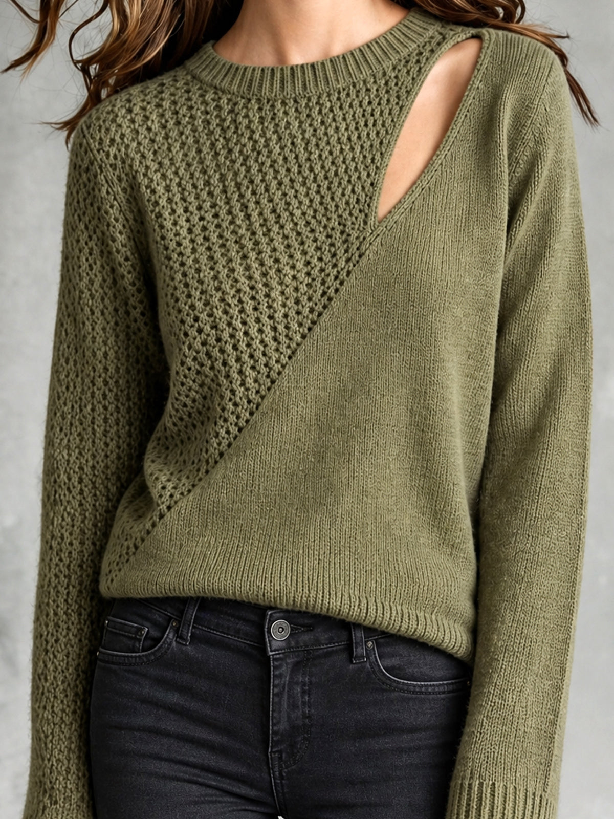 ElevenOra Chic Casual Army Green Round-Neck Long-Sleeve Patchwork Cutout Detail Loose-Fit Wool Blend Knit Sweater