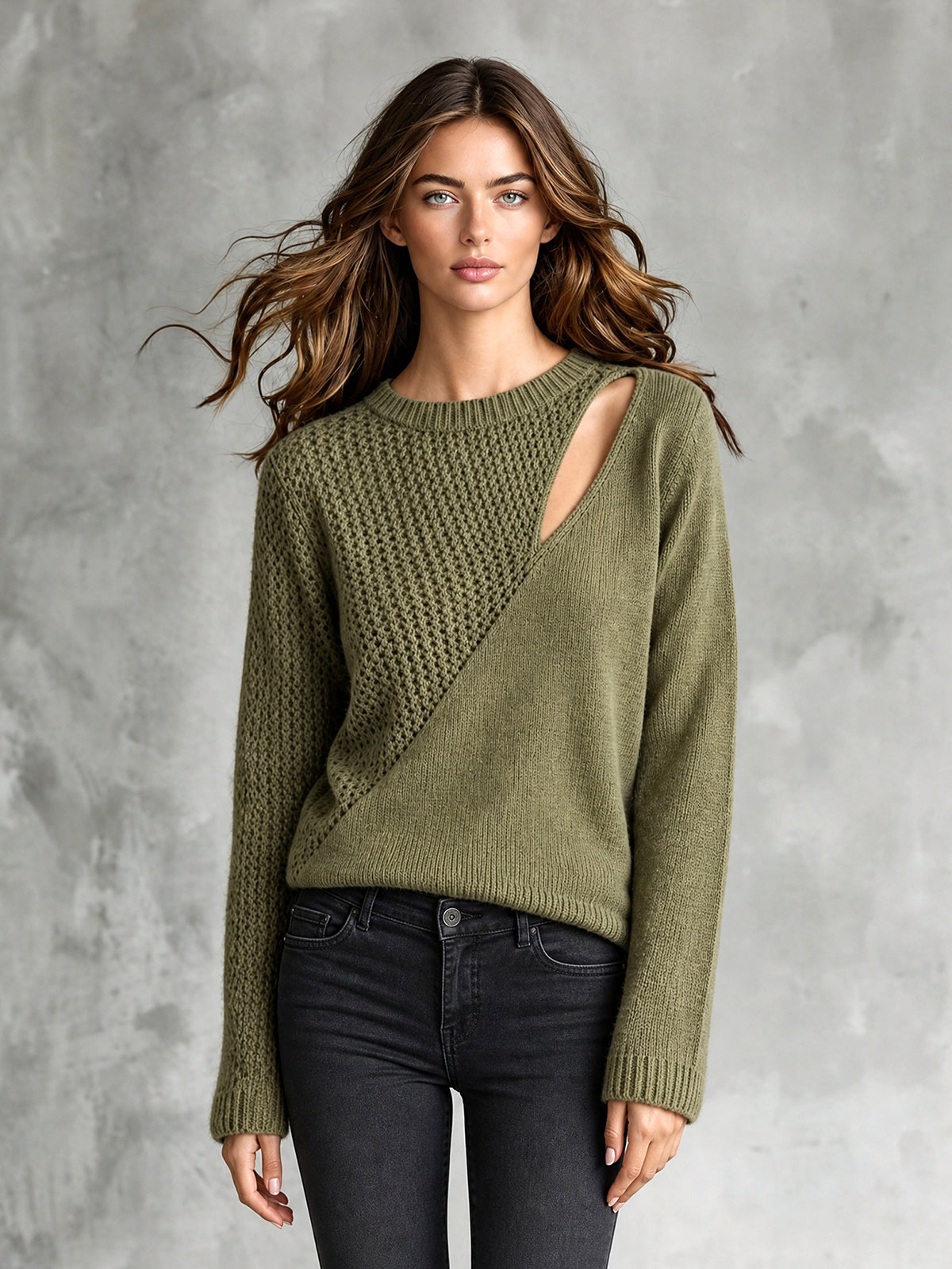 ElevenOra Chic Casual Army Green Round-Neck Long-Sleeve Patchwork Cutout Detail Loose-Fit Wool Blend Knit Sweater