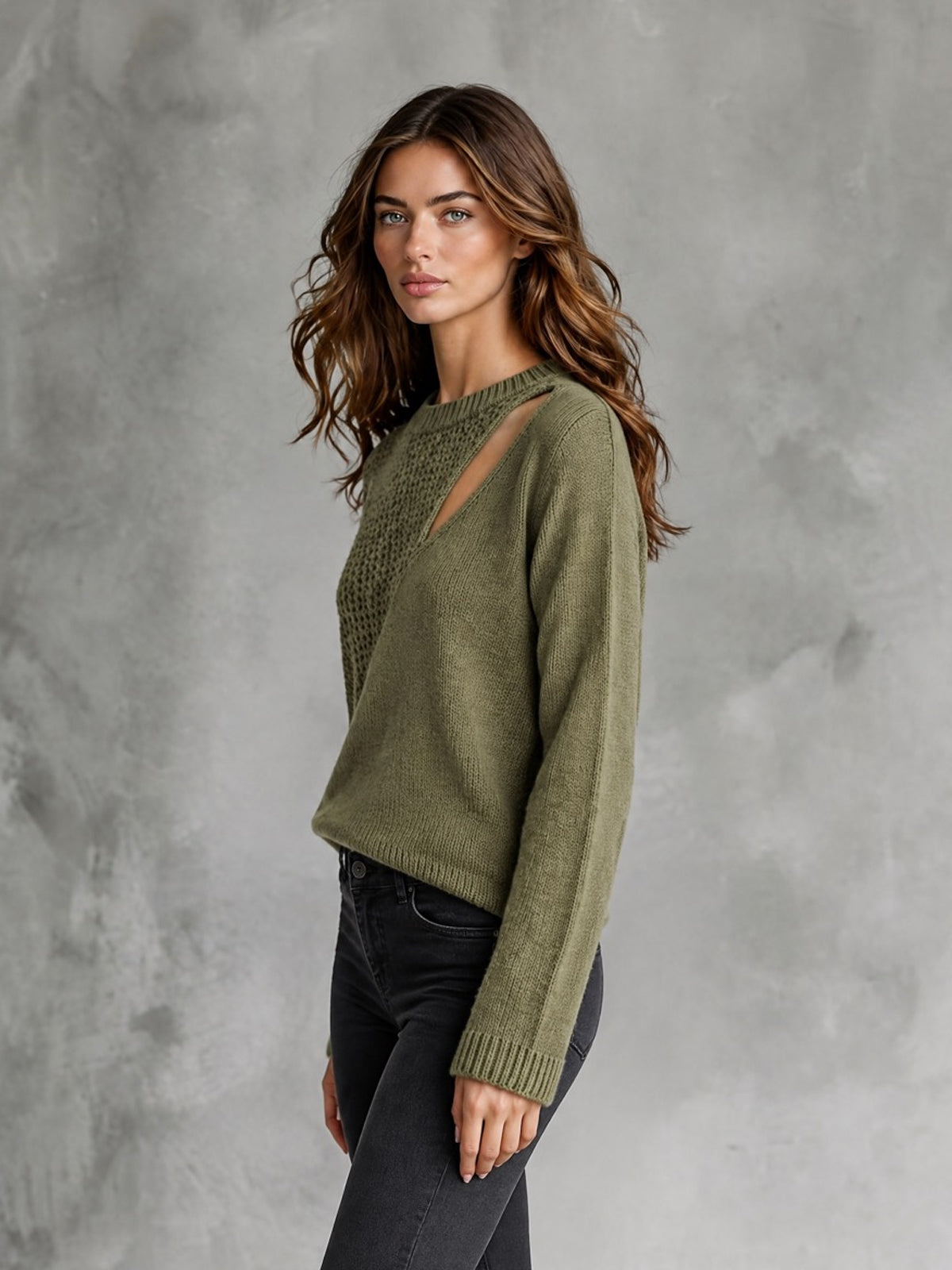 ElevenOra Chic Casual Army Green Round-Neck Long-Sleeve Patchwork Cutout Detail Loose-Fit Wool Blend Knit Sweater