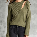 ElevenOra Chic Casual Army Green Round-Neck Long-Sleeve Patchwork Cutout Detail Loose-Fit Wool Blend Knit Sweater