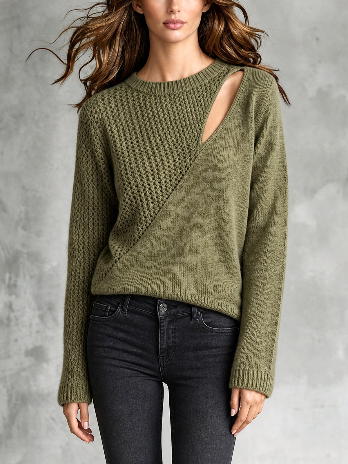 ElevenOra Chic Casual Army Green Round-Neck Long-Sleeve Patchwork Cutout Detail Loose-Fit Wool Blend Knit Sweater
