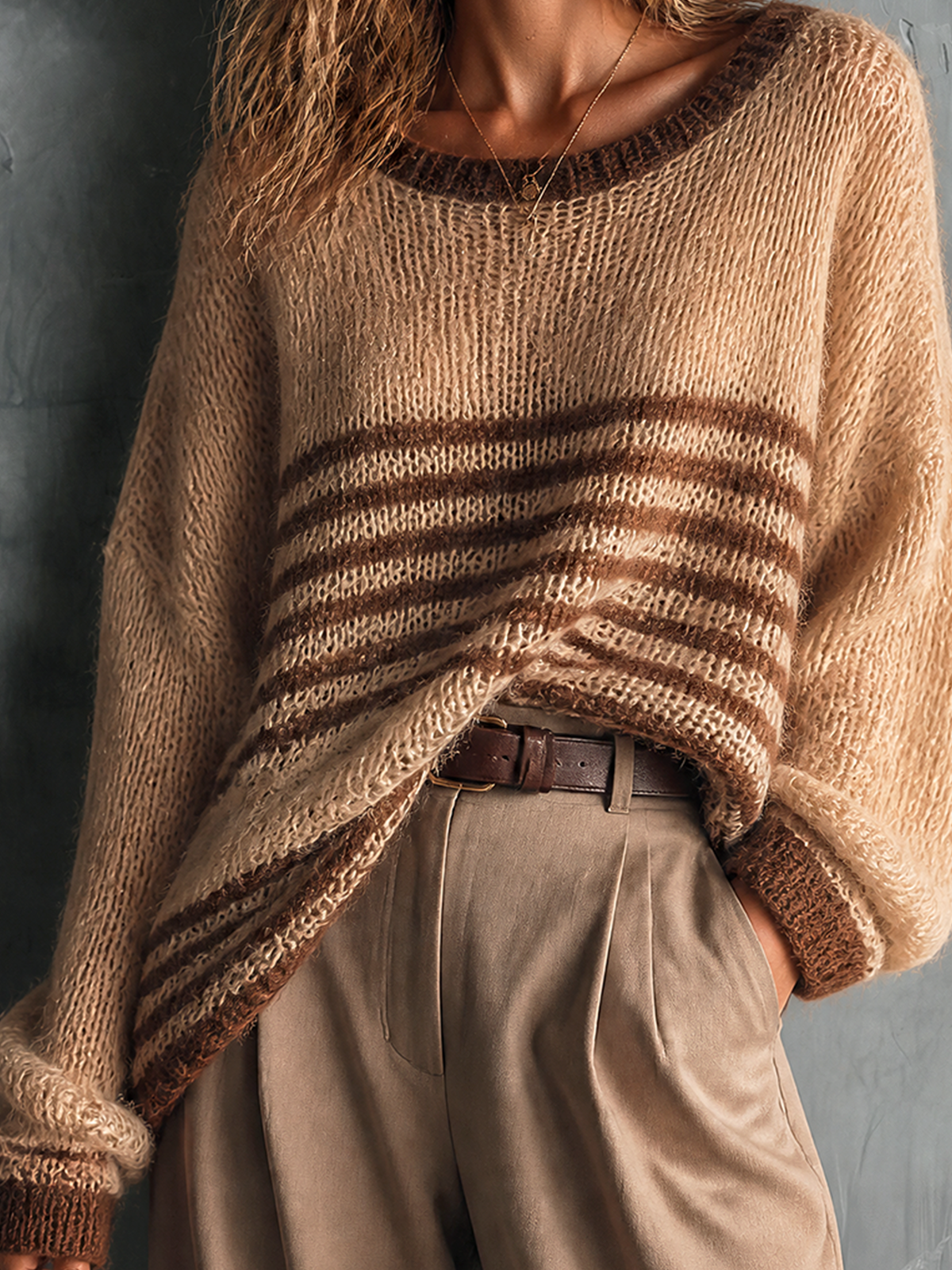 ElevenOra Chic Casual Camel-Brown Stripes Round-Neck Dropped Shoulder Long Sleeve Loose-Fit Mohair Blend Knit Sweater