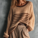 ElevenOra Chic Casual Camel-Brown Stripes Round-Neck Dropped Shoulder Long Sleeve Loose-Fit Mohair Blend Knit Sweater