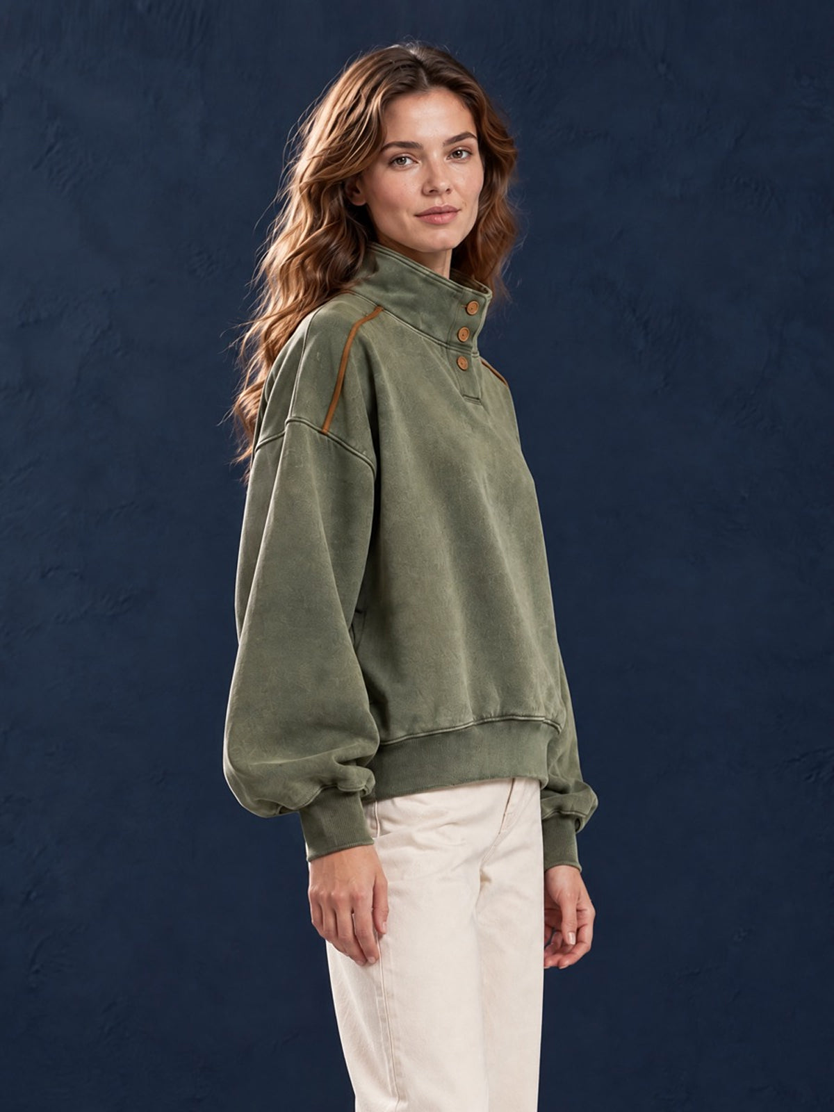 ElevenOra Chic Casual Army Green Cotton Blend Distressed Washed Stand Collar Long-Sleeve Trim Detail Loose-Fit Sweatshirt