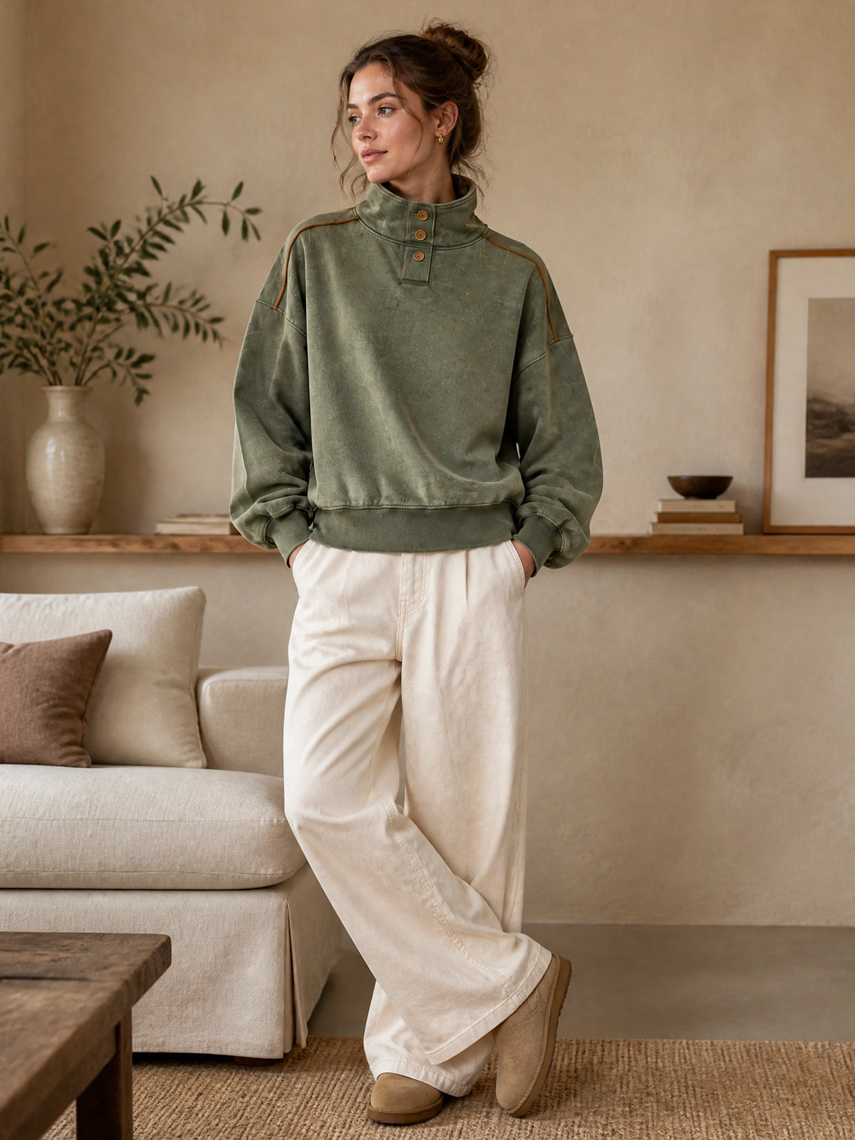 ElevenOra Chic Casual Army Green Cotton Blend Distressed Washed Stand Collar Long-Sleeve Trim Detail Loose-Fit Sweatshirt
