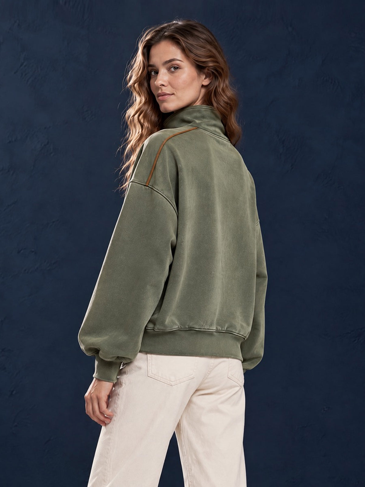 ElevenOra Chic Casual Army Green Cotton Blend Distressed Washed Stand Collar Long-Sleeve Trim Detail Loose-Fit Sweatshirt
