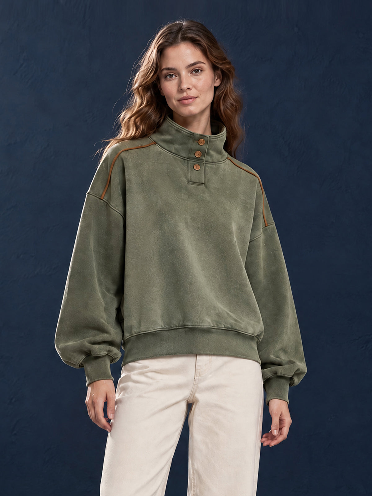 ElevenOra Chic Casual Army Green Cotton Blend Distressed Washed Stand Collar Long-Sleeve Trim Detail Loose-Fit Sweatshirt
