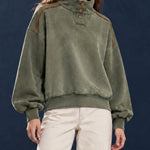 ElevenOra Chic Casual Army Green Cotton Blend Distressed Washed Stand Collar Long-Sleeve Trim Detail Loose-Fit Sweatshirt