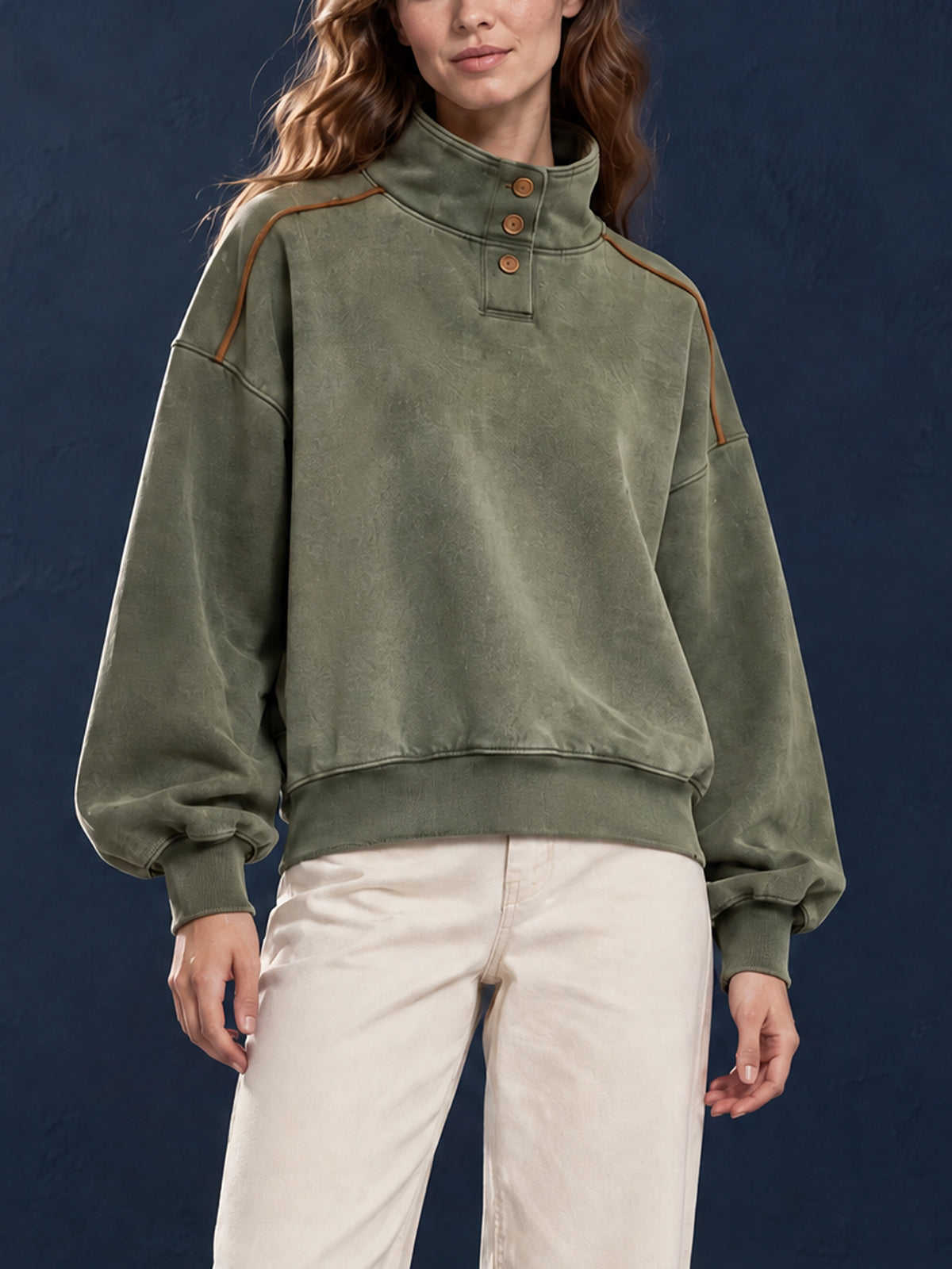ElevenOra Chic Casual Army Green Cotton Blend Distressed Washed Stand Collar Long-Sleeve Trim Detail Loose-Fit Sweatshirt