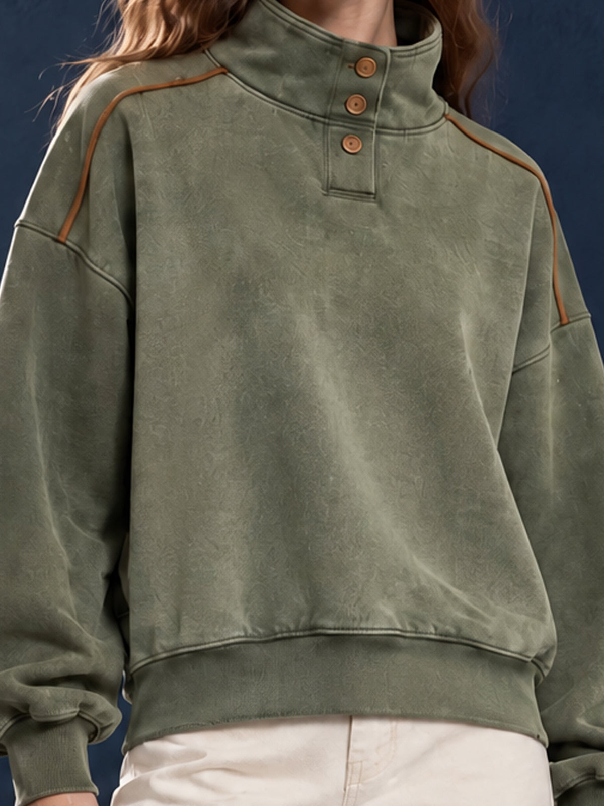 ElevenOra Chic Casual Army Green Cotton Blend Distressed Washed Stand Collar Long-Sleeve Trim Detail Loose-Fit Sweatshirt