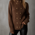 ElevenOra Chic Casual Brown Stand Collar Double Breasted Long-Sleeve Gold Button Loose-Fit Chunky Knit Cardigan