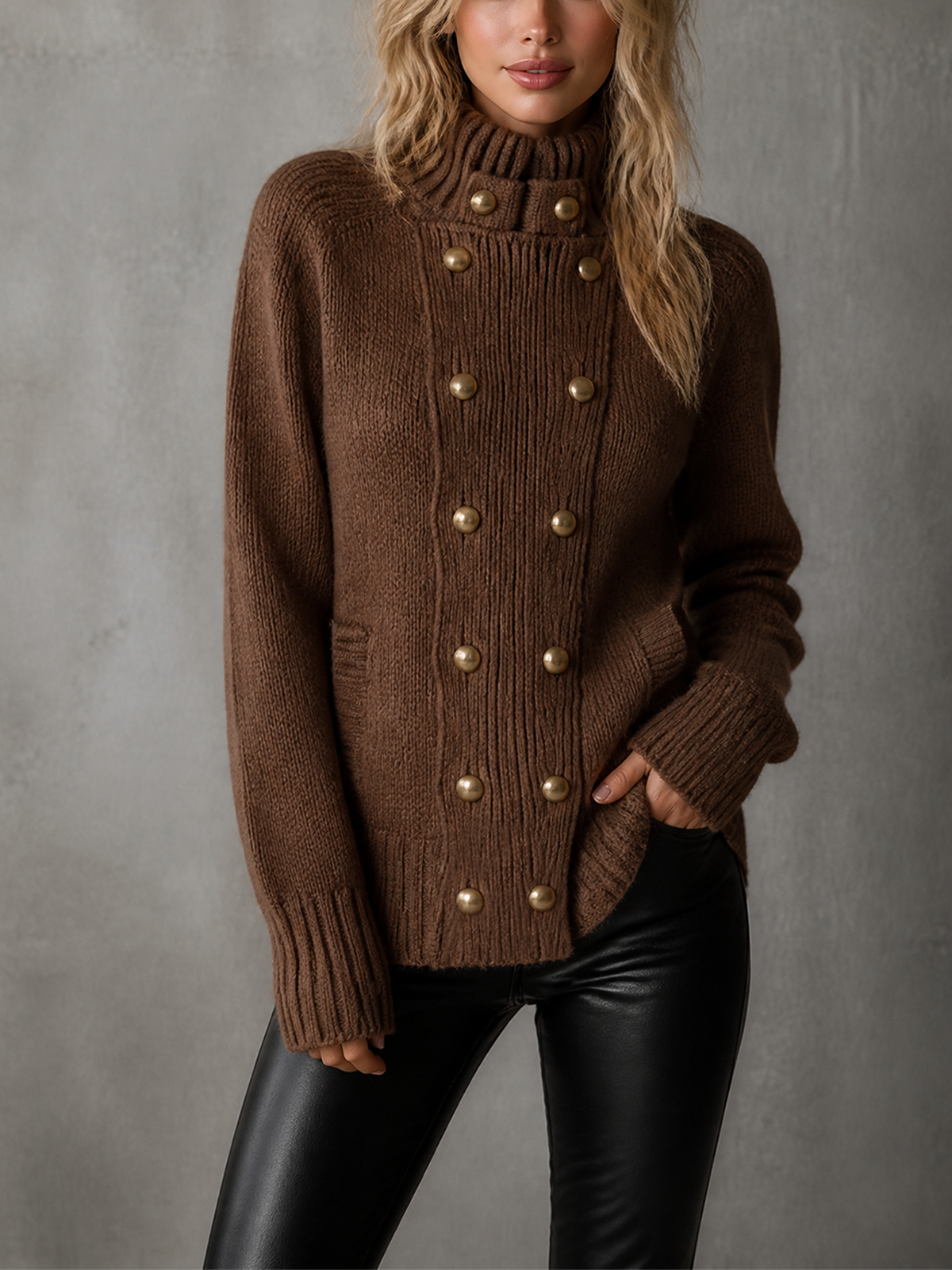 ElevenOra Chic Casual Brown Stand Collar Double Breasted Long-Sleeve Gold Button Loose-Fit Chunky Knit Cardigan