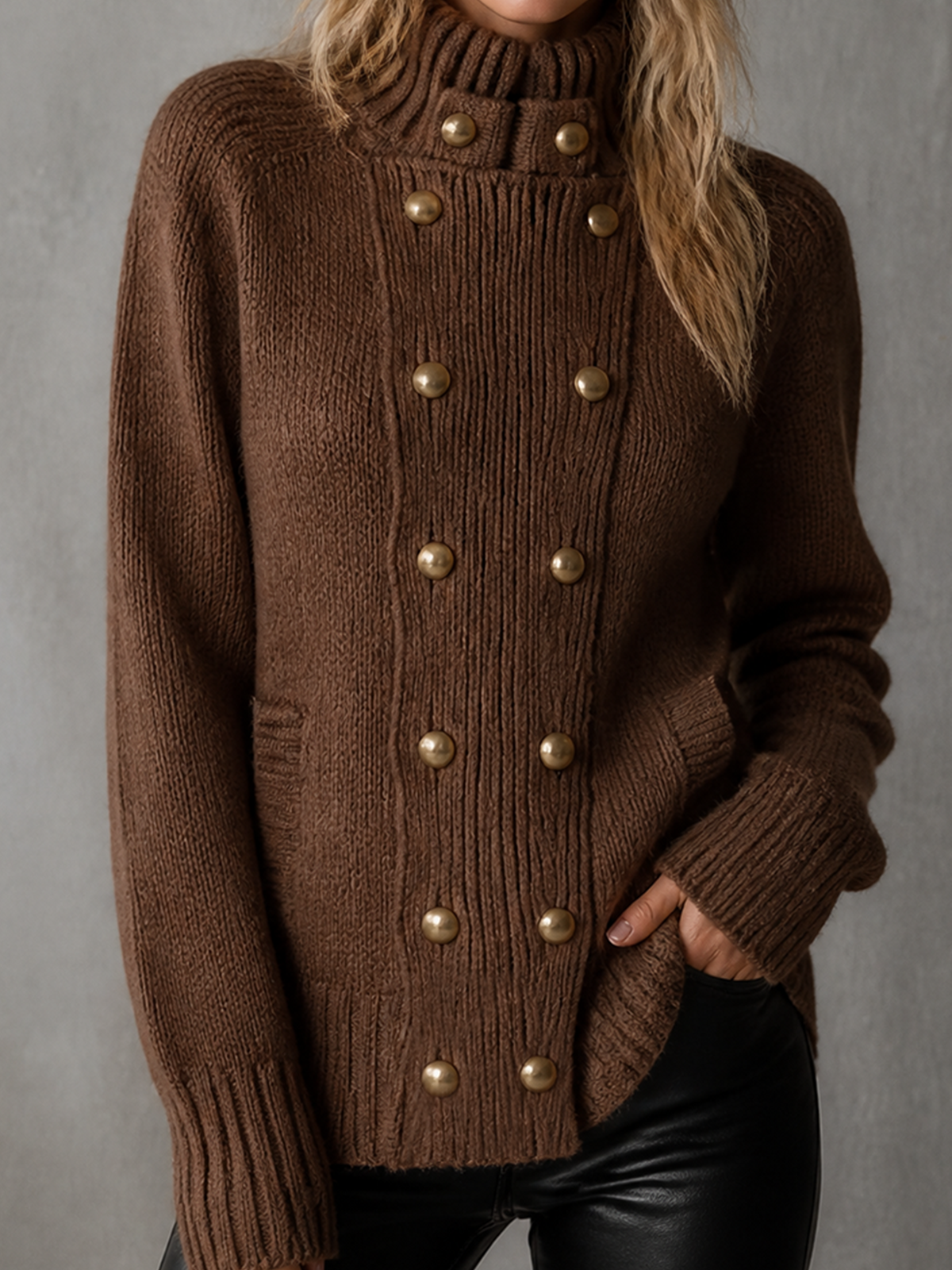 ElevenOra Chic Casual Brown Stand Collar Double Breasted Long-Sleeve Gold Button Loose-Fit Chunky Knit Cardigan