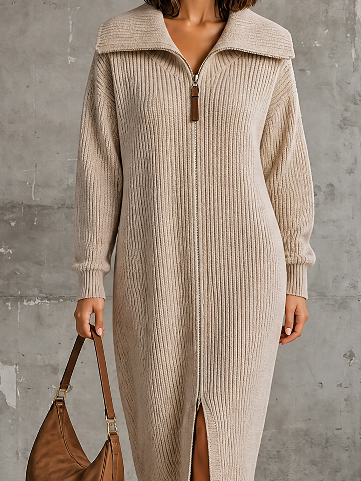 ElevenOra Chic Elegant Oat Beige Wide Shawl Collar Full Zip Long Sleeve Loose-Fit Ribbed Knit Midi Dress