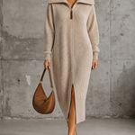 ElevenOra Chic Elegant Oat Beige Wide Shawl Collar Full Zip Long Sleeve Loose-Fit Ribbed Knit Midi Dress