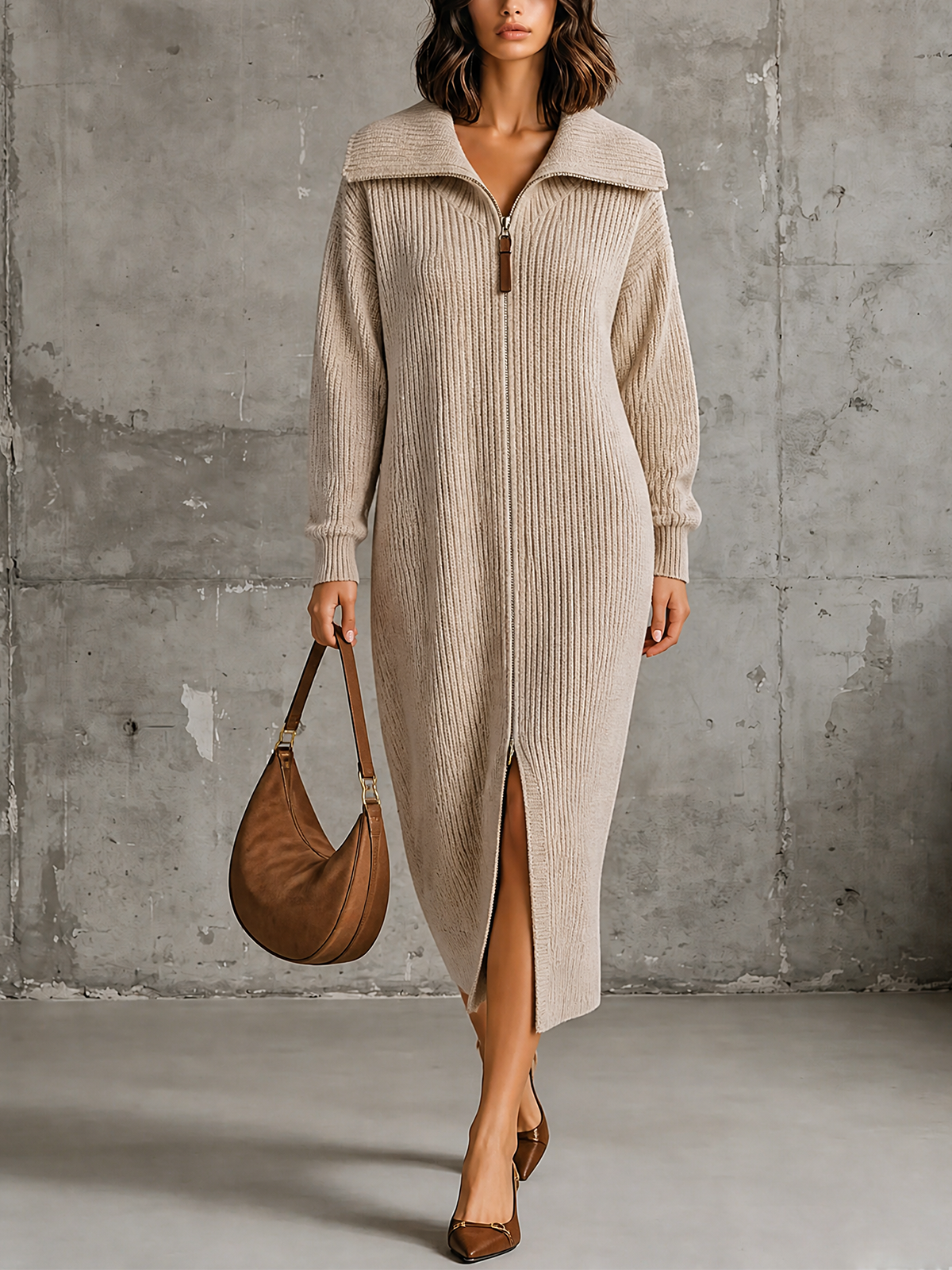 ElevenOra Chic Elegant Oat Beige Wide Shawl Collar Full Zip Long Sleeve Loose-Fit Ribbed Knit Midi Dress