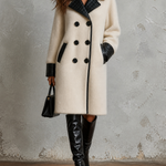 ElevenOra Chic Elegant Off-White Notched Lapel Double Breasted Faux Leather Contrast Long Sleeve Loose-Fit Ribbed Knit Midi Coat