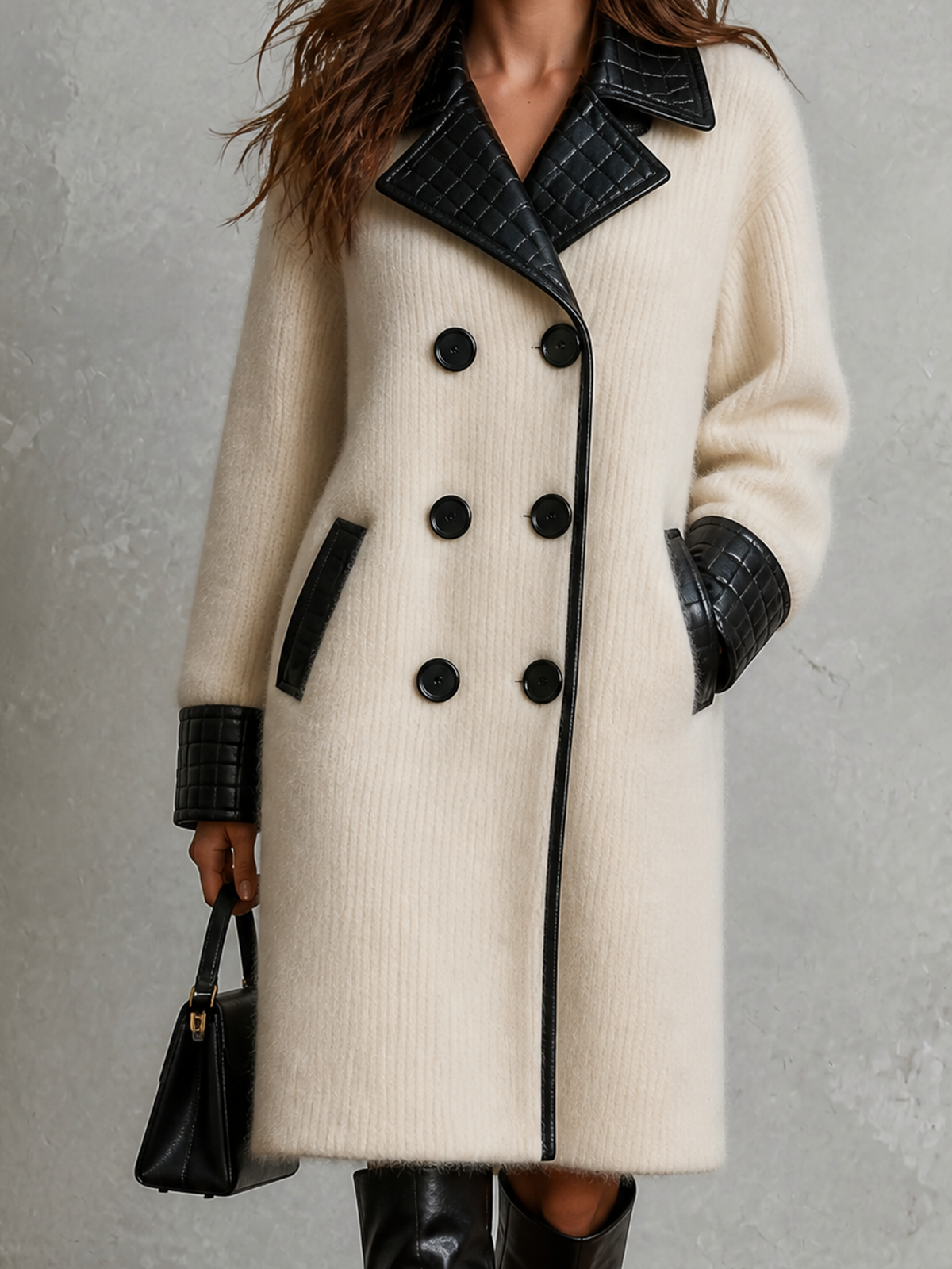 ElevenOra Chic Elegant Off-White Notched Lapel Double Breasted Faux Leather Contrast Long Sleeve Loose-Fit Ribbed Knit Midi Coat