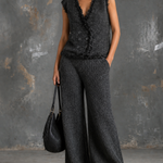 ElevenOra Chic Elegant Dark Gray V-Neck Double Breasted Sleeveless Fringe Trim Vest Wide-Leg Pants Chunky Knit Two-Piece Set