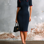 ElevenOra Chic Elegant Navy Blue Lapel Collar Contrast Red Ruffle Trim Short Sleeve Slim-Fit Cable Ribbed Knit Midi Dress