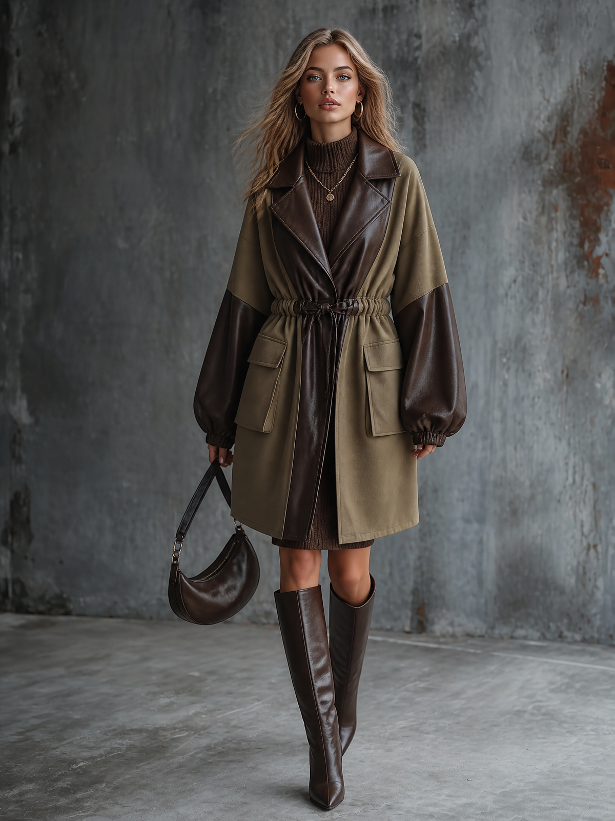 ElevenOra Chic Elegant Olive-Brown Colorblock Faux Leathe Notched Lapel Collar Long-Sleeve Patch Pocket Loose-Fit Drawstring Waist Cotton Midi Trench Coat