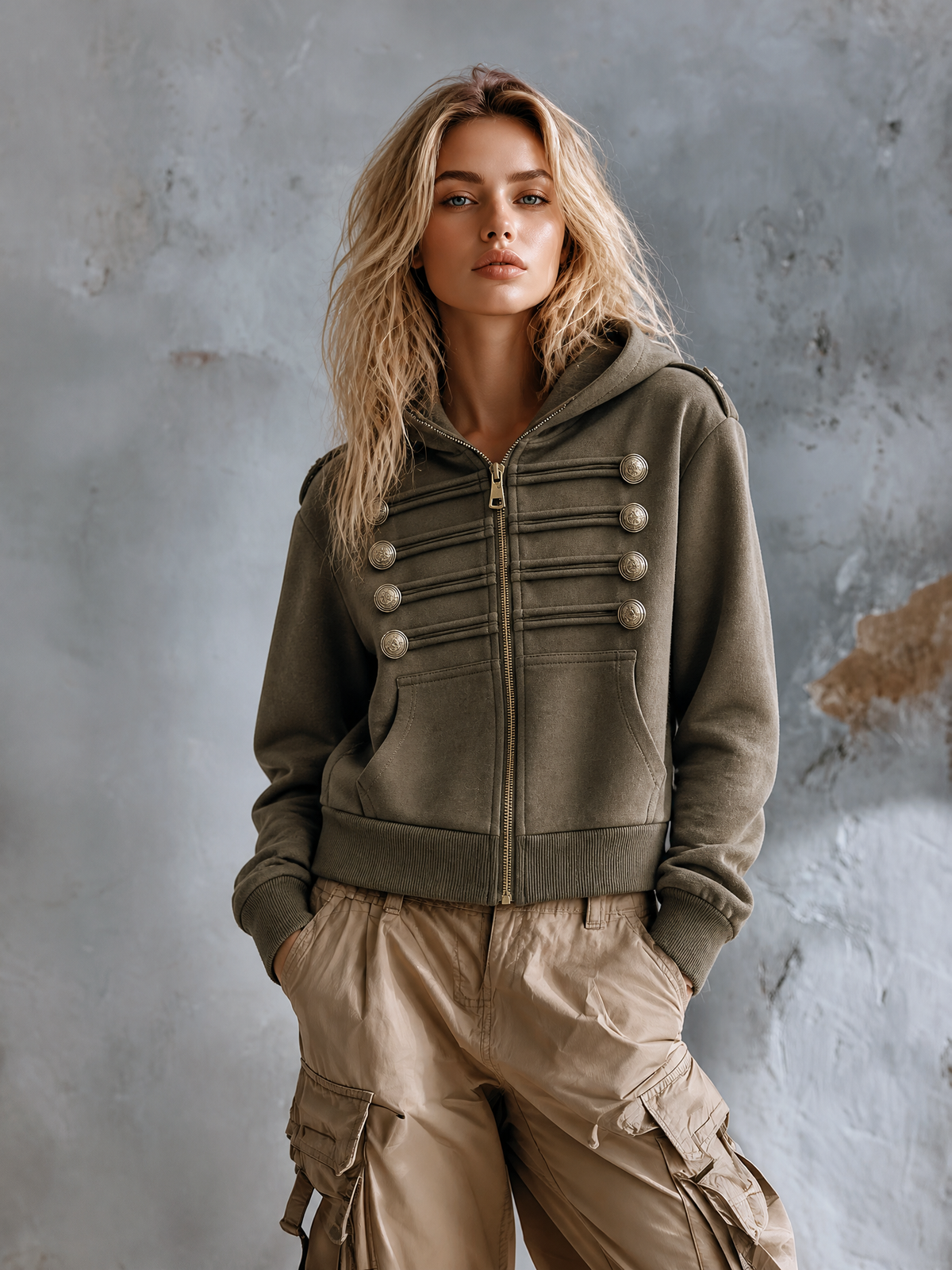 ElevenOra Chic Casual Olive Hooded Zipper-Front Military Button Long Sleeve Loose-Fit French Terry Sweatshirt