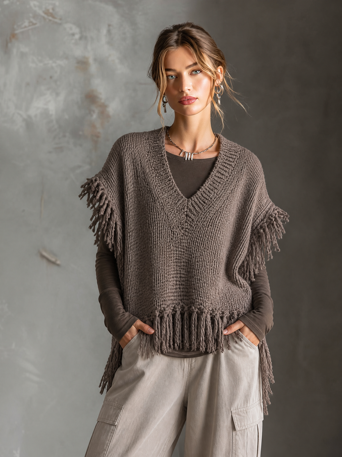 ElevenOra Chic Elegant Muted Taupe V-Neck Fringe Hem Sleeveless Loose-Fit Chunky Knit Vest Top