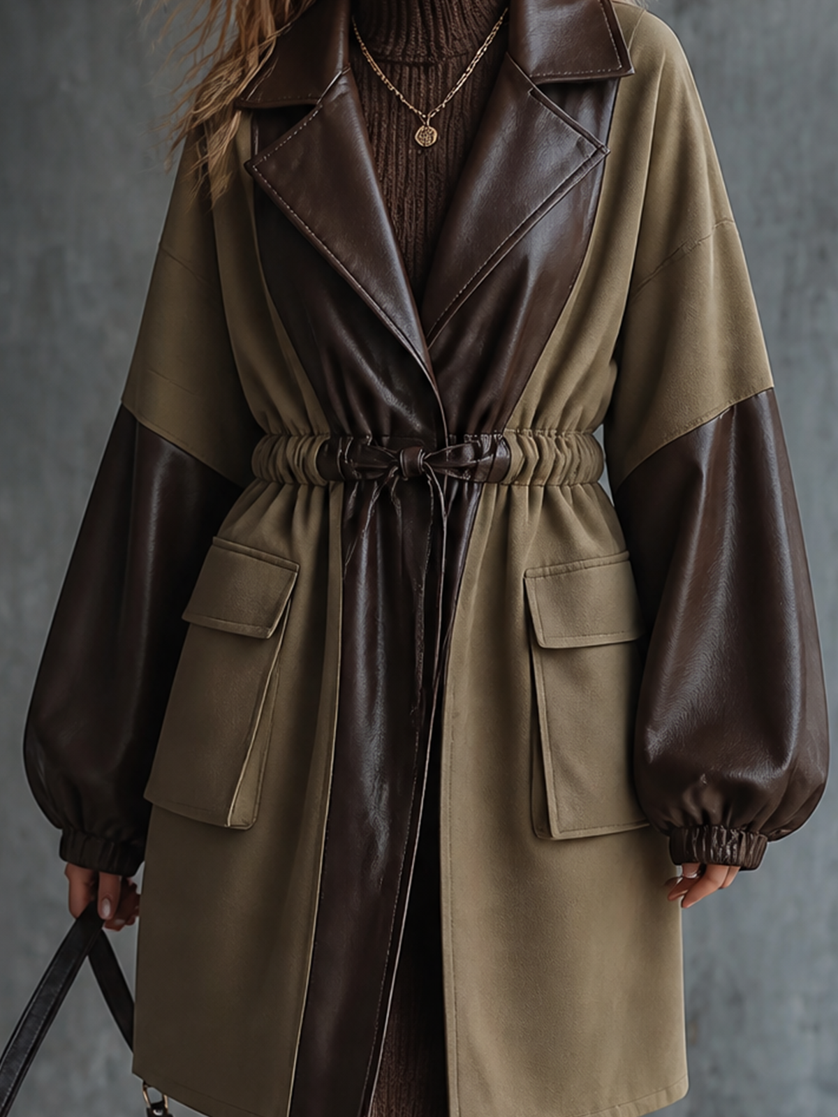 ElevenOra Chic Elegant Olive-Brown Colorblock Faux Leathe Notched Lapel Collar Long-Sleeve Patch Pocket Loose-Fit Drawstring Waist Cotton Midi Trench Coat