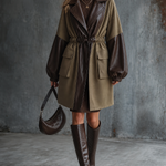 ElevenOra Chic Elegant Olive-Brown Colorblock Faux Leathe Notched Lapel Collar Long-Sleeve Patch Pocket Loose-Fit Drawstring Waist Cotton Midi Trench Coat