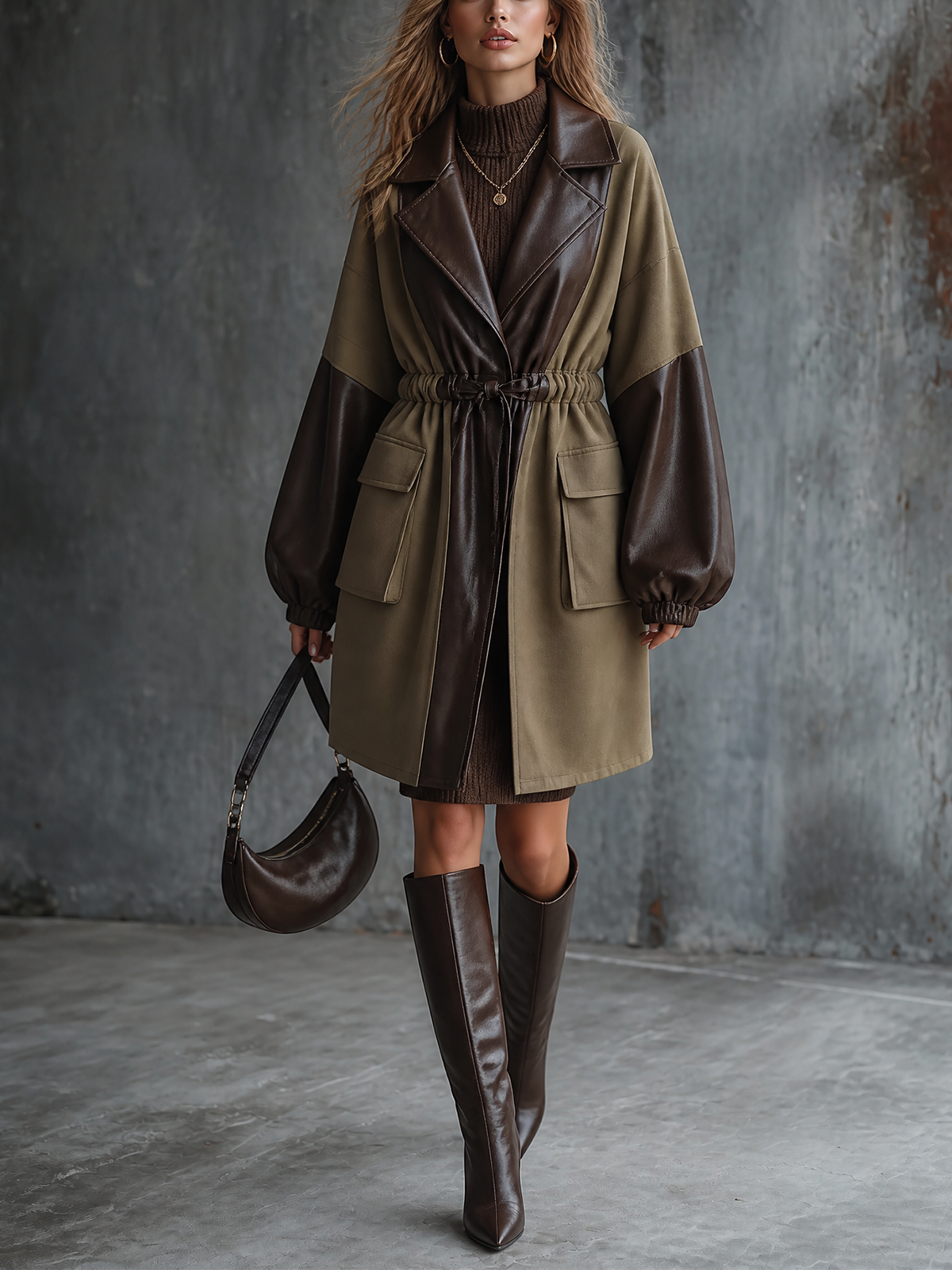 ElevenOra Chic Elegant Olive-Brown Colorblock Faux Leathe Notched Lapel Collar Long-Sleeve Patch Pocket Loose-Fit Drawstring Waist Cotton Midi Trench Coat