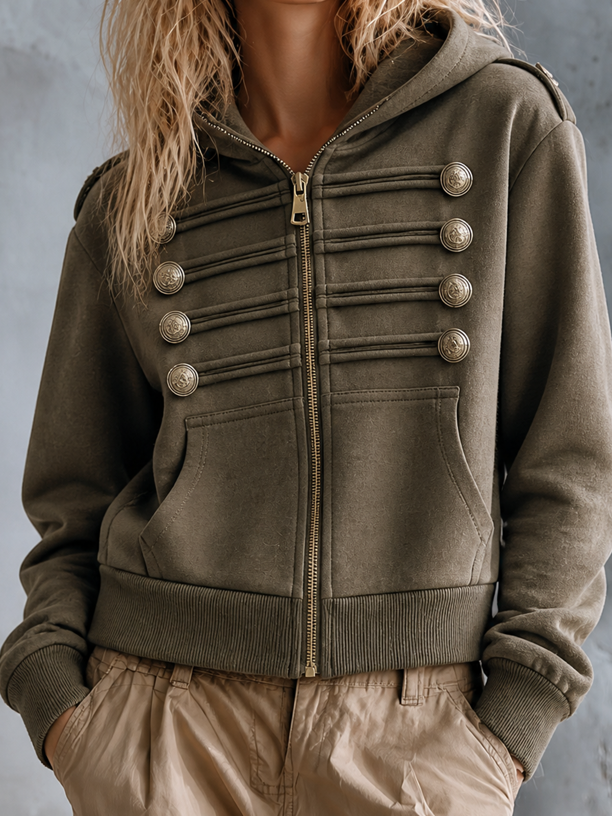 ElevenOra Chic Casual Olive Hooded Zipper-Front Military Button Long Sleeve Loose-Fit French Terry Sweatshirt