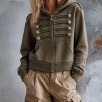 ElevenOra Chic Casual Olive Hooded Zipper-Front Military Button Long Sleeve Loose-Fit French Terry Sweatshirt