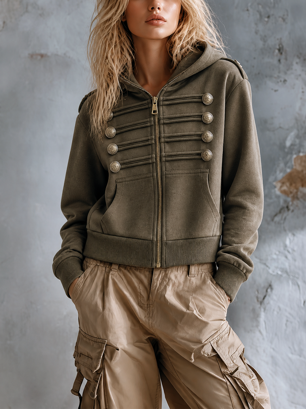 ElevenOra Chic Casual Olive Hooded Zipper-Front Military Button Long Sleeve Loose-Fit French Terry Sweatshirt